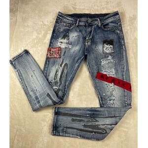 SOSOO JEANS Mens 33 Distressed Patchwork Graffiti Paint Splatter Slim Denim Blue
